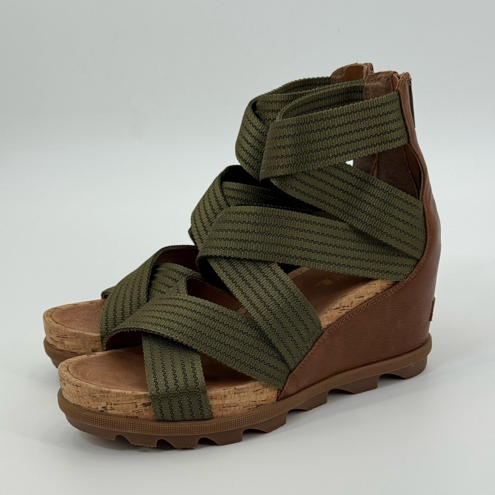 SOREL Joanie II Leather Modern Olive Green Wedge Heeled Sandal Stretch Straps - Picture 8 of 17